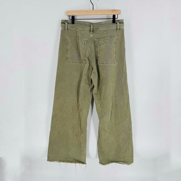 Zara Women’s Army Green Denim Sailor Pants Size 14 Wide Leg Raw Hem - Picture 2 of 7